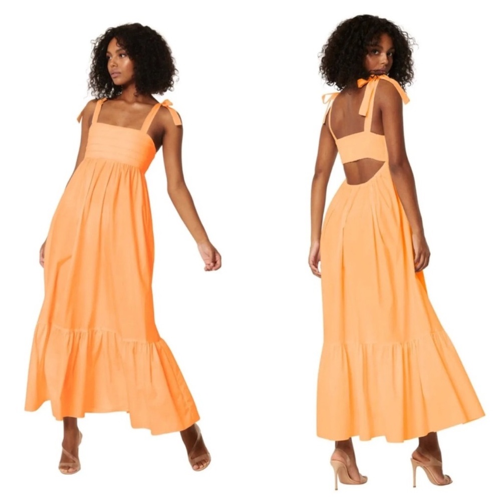 MISA Los Angeles Serafina Square Neck Tie Shoulder Maxi Dress Tangerine‎ Orange